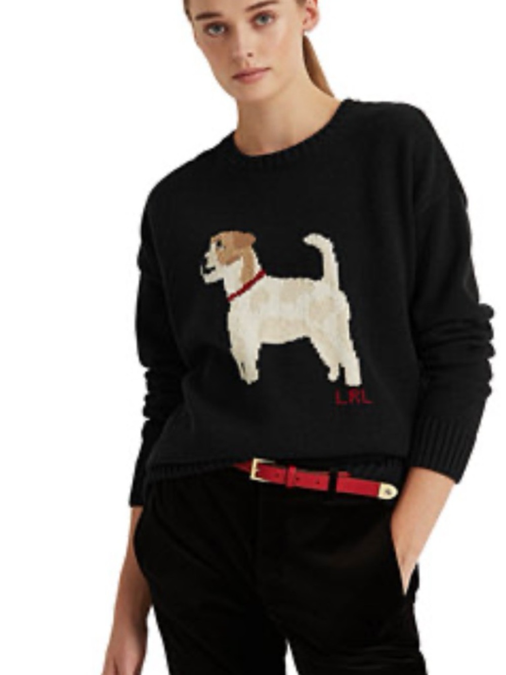 Ralph Lauren Black Crewneck Sweater with Cream & Tan Dog Intarsia